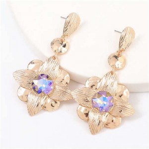 Gem Inlaid Golden Flower Design Spring Fashion Women Alloy Earrings - Violet