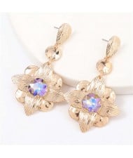 Gem Inlaid Golden Flower Design Spring Fashion Women Alloy Earrings - Violet