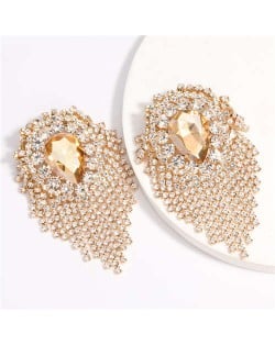 Super Shining Rhinestone and Glass Drill Waterdrop Inspired Banquet Fashion Women Earrings - Golden