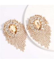 Super Shining Rhinestone and Glass Drill Waterdrop Inspired Banquet Fashion Women Earrings - Golden