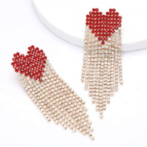 Romantic Heart Design Shining Tassel Fashion Women Party Costume Earrings - Red