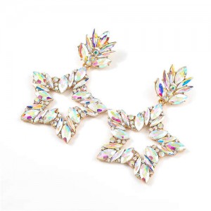 Super Shining Rhinestone Star Design Party Fashion Women Alloy Earrings - Luminous White