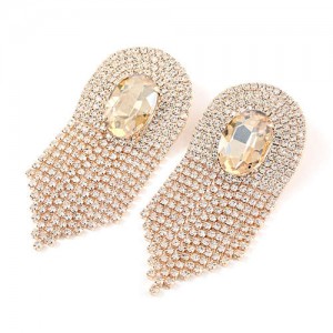 Glass Drill Gem Inlaid Glistening Design Women Tassel Earrings - Golden