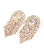 Glass Drill Gem Inlaid Glistening Design Women Tassel Earrings - Golden