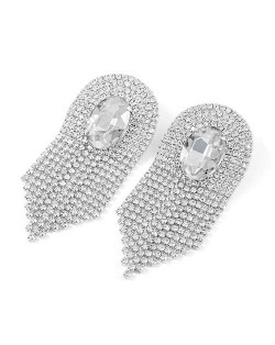 Glass Drill Gem Inlaid Glistening Design Women Tassel Earrings - Silver