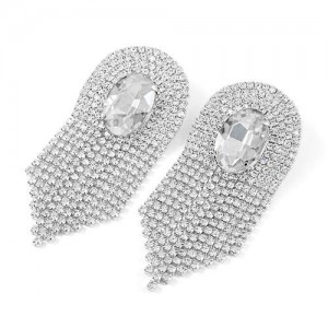 Glass Drill Gem Inlaid Glistening Design Women Tassel Earrings - Silver