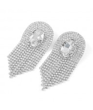 Glass Drill Gem Inlaid Glistening Design Women Tassel Earrings - Silver