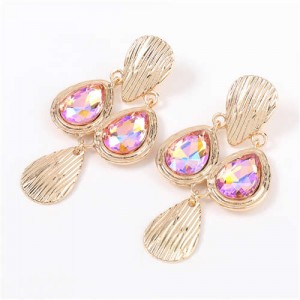 Acrylic Gem Inlaid Vintage Waterdrops Design Celebrity Choice High Fashion Women Alloy Earrings - Pink