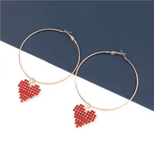 Rhinestone Heart Pendants Big Hoop Women Alloy Fashion Earrings - Red