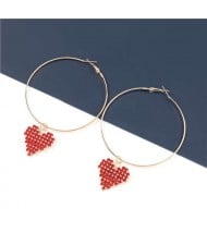 Rhinestone Heart Pendants Big Hoop Women Alloy Fashion Earrings - Red
