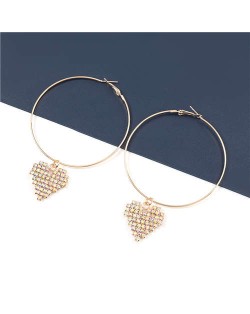 Rhinestone Heart Pendants Big Hoop Women Alloy Fashion Earrings - Golden