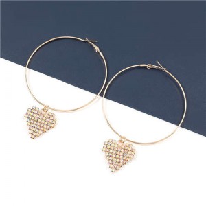 Rhinestone Heart Pendants Big Hoop Women Alloy Fashion Earrings - Golden
