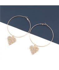 Rhinestone Heart Pendants Big Hoop Women Alloy Fashion Earrings - Golden