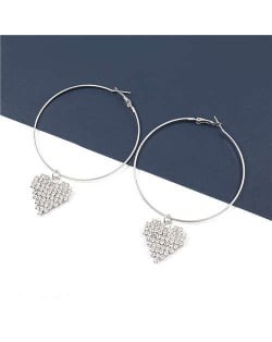 Rhinestone Heart Pendants Big Hoop Women Alloy Fashion Earrings - Silver