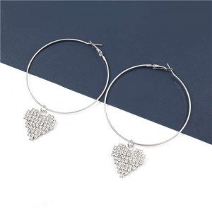 Rhinestone Heart Pendants Big Hoop Women Alloy Fashion Earrings - Silver