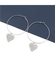 Rhinestone Heart Pendants Big Hoop Women Alloy Fashion Earrings - Silver