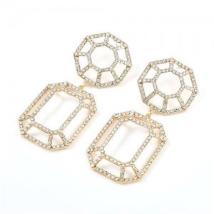 Hollow Geometric Combo Design Bold Fashion Women Banquet Style Costume Earrings - Golden
