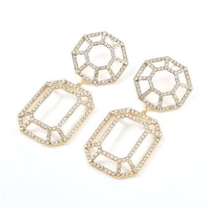 Hollow Geometric Combo Design Bold Fashion Women Banquet Style Costume Earrings - Golden