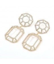 Hollow Geometric Combo Design Bold Fashion Women Banquet Style Costume Earrings - Golden