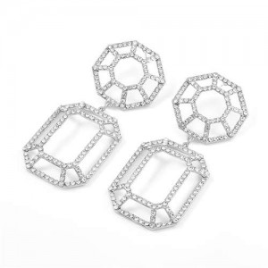 Hollow Geometric Combo Design Bold Fashion Women Banquet Style Costume Earrings - Silver