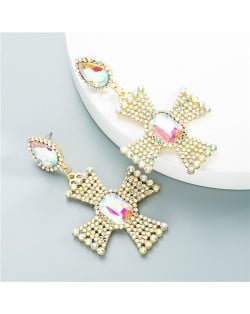 Super Shining Cross Design Bold Style Women Fashion Costume Earrings - Golden