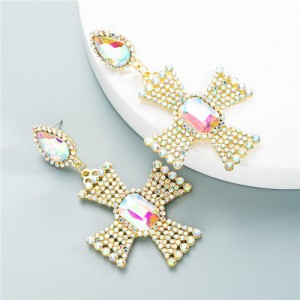 Super Shining Cross Design Bold Style Women Fashion Costume Earrings - Golden