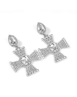 Super Shining Cross Design Bold Style Women Fashion Costume Earrings - Silver