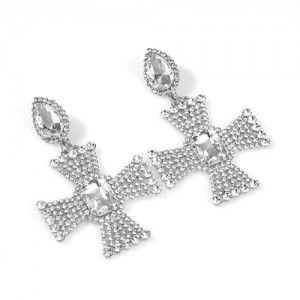 Super Shining Cross Design Bold Style Women Fashion Costume Earrings - Silver