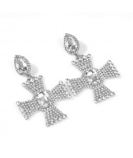 Super Shining Cross Design Bold Style Women Fashion Costume Earrings - Silver