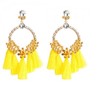 Cotton Threads Tassel Bold Hoop Bohemian Fashion Women Costume Earrings - Yellow