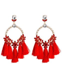 Cotton Threads Tassel Bold Hoop Bohemian Fashion Women Costume Earrings - Red