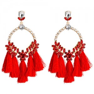 Cotton Threads Tassel Bold Hoop Bohemian Fashion Women Costume Earrings - Red