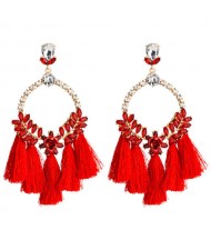 Cotton Threads Tassel Bold Hoop Bohemian Fashion Women Costume Earrings - Red