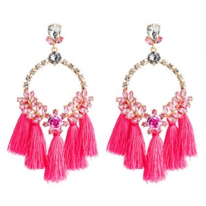 Cotton Threads Tassel Bold Hoop Bohemian Fashion Women Costume Earrings - Pink