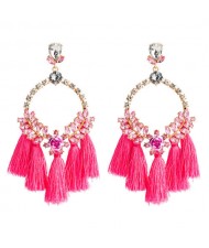 Cotton Threads Tassel Bold Hoop Bohemian Fashion Women Costume Earrings - Pink