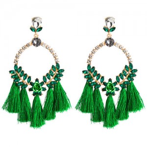 Cotton Threads Tassel Bold Hoop Bohemian Fashion Women Costume Earrings - Green