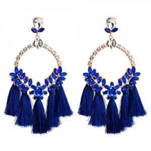 Cotton Threads Tassel Bold Hoop Bohemian Fashion Women Costume Earrings - Blue