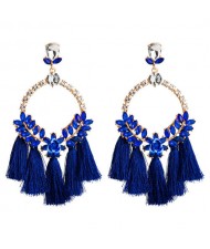 Cotton Threads Tassel Bold Hoop Bohemian Fashion Women Costume Earrings - Blue