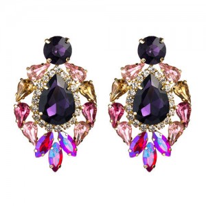 Rhinestone Super Shining Floral Waterdrop Inspired Design Women Costume Earrings - Purple