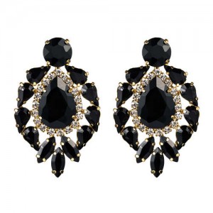 Rhinestone Super Shining Floral Waterdrop Inspired Design Women Costume Earrings - Black