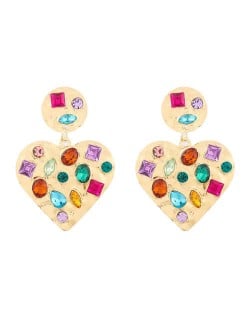 Acrylic Gems Inlaid Peach Heart Design Golden Alloy Women Fashion Earrings