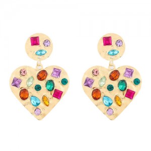 Acrylic Gems Inlaid Peach Heart Design Golden Alloy Women Fashion Earrings