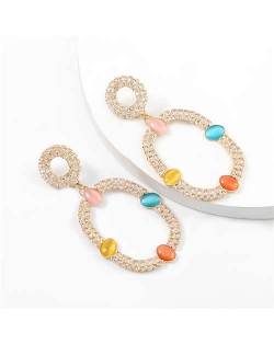 Resin Gems Embellished Oval Shape Women Hoop Earrings - Multicolor