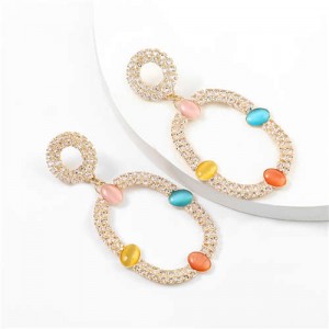 Resin Gems Embellished Oval Shape Women Hoop Earrings - Multicolor