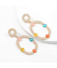 Resin Gems Embellished Oval Shape Women Hoop Earrings - Multicolor