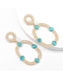 Resin Gems Embellished Oval Shape Women Hoop Earrings - Blue