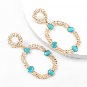 Resin Gems Embellished Oval Shape Women Hoop Earrings - Blue