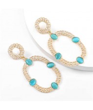 Resin Gems Embellished Oval Shape Women Hoop Earrings - Blue