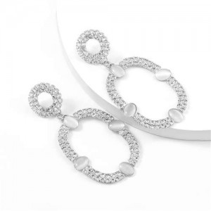 Resin Gems Embellished Oval Shape Women Hoop Earrings - Silver