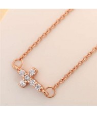Cubic Zirconia Inlaid Cross Pendant Korean Fashion Women Copper Necklace - Rose Gold